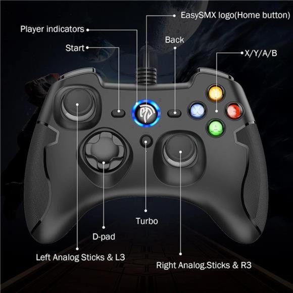 Wired Gaming Controller with Dual-Vibration Turbo and Trigger Buttons (Black) - Picture 2 of 6